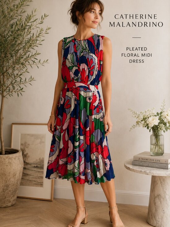 Catherine Malandrino Dresses & Skirts - Catherine Malandrino Pleated Floral Midi Dress Size 10 Colorful Designer Career